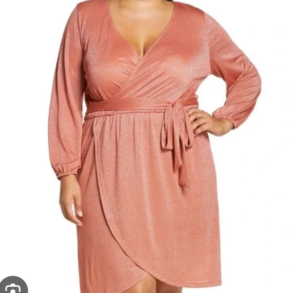 Nordstrom Halogen Faux Wrap Mini Dress w/ tie belt. Sparkly Coral. NWT 3X